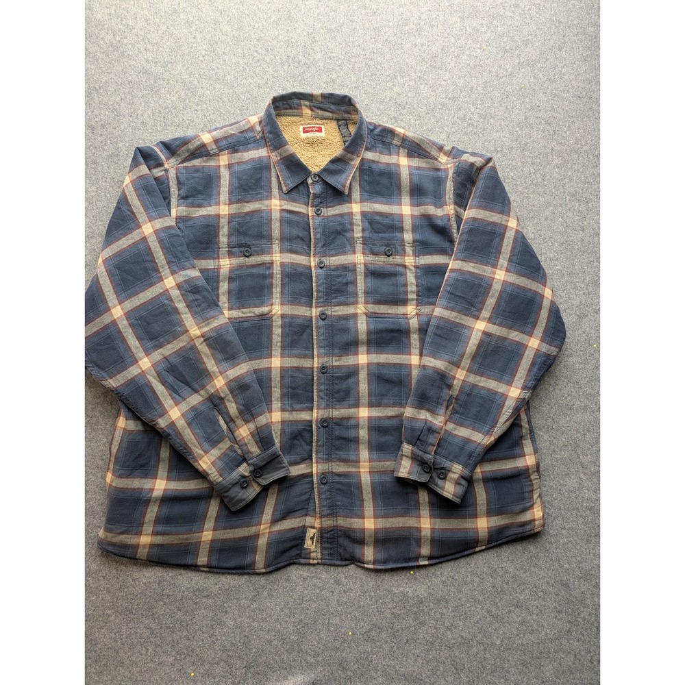 Wrangler Mens 3XL Blue Plaid Fleece Lined Flannel Shirt Jacket Sherpa Lined